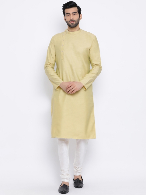 

NAMASKAR Men Yellow Solid Straight Silk Kurta