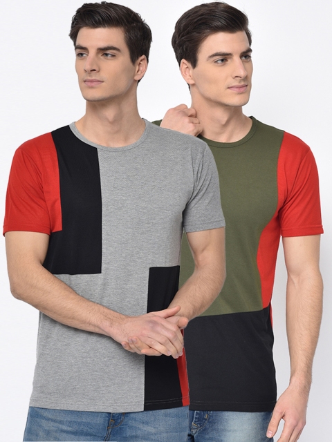 

VIMAL JONNEY Men Pack of 2 Colourblocked Round Neck T-shirts, Grey