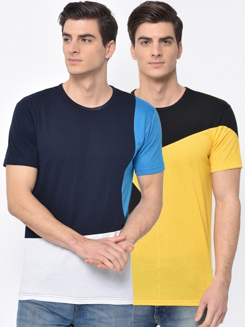 

VIMAL JONNEY Men Pack of 2 Colourblocked Round Neck T-shirts, Navy blue