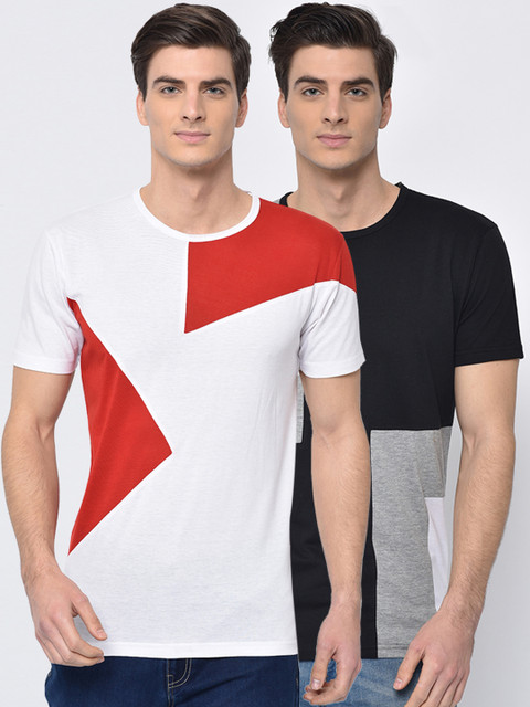 

VIMAL JONNEY Men Pack of 2 Colourblocked Round Neck T-shirts, White