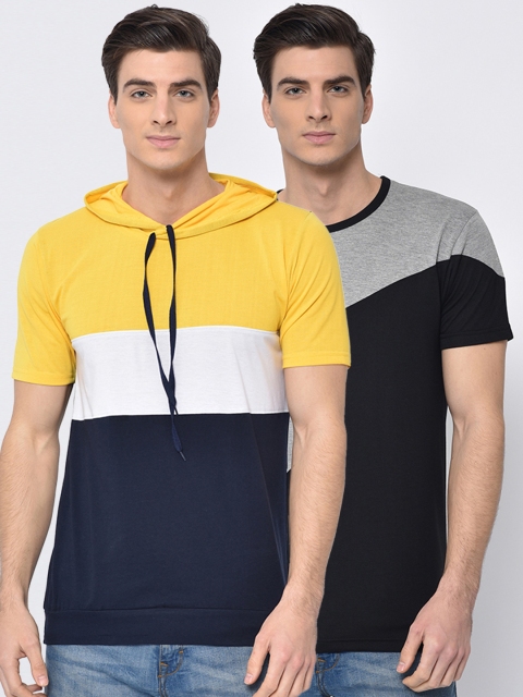 

VIMAL JONNEY Men Pack of 2 Colourblocked Hooded T-shirts, Yellow