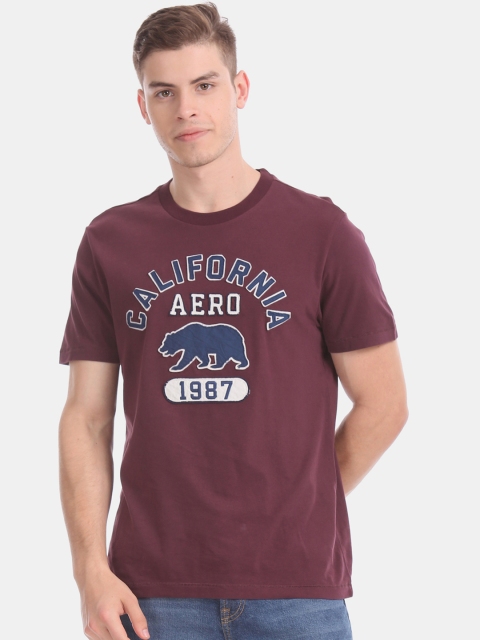 

Aeropostale Men Burgundy Appliqued Round Neck Pure Cotton T-shirt