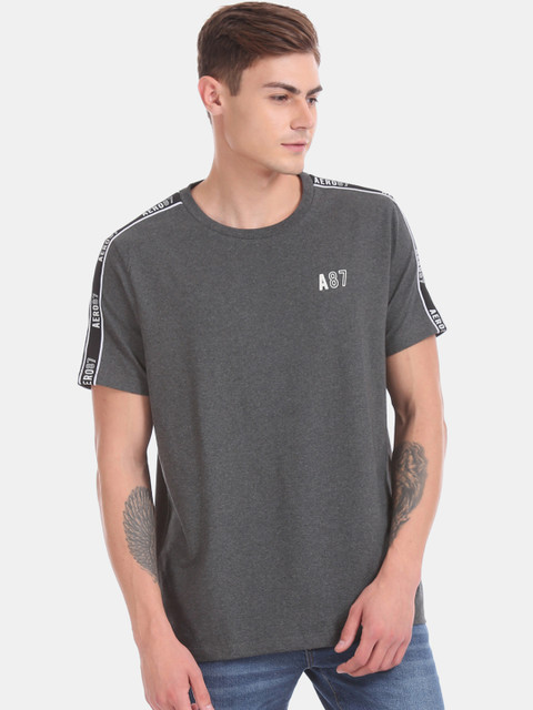 

Aeropostale Men Grey Striped Round Neck T-shirt, Charcoal