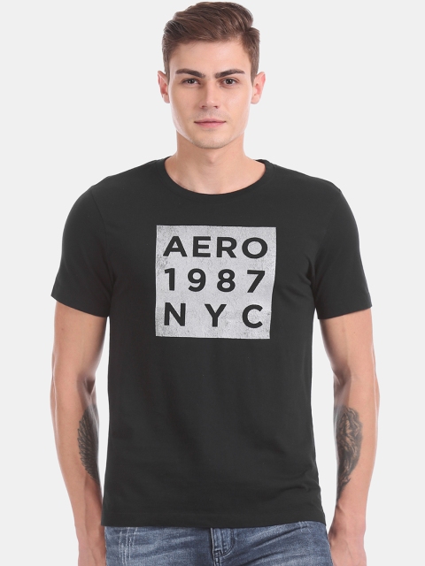 

Aeropostale Men Black Brand Logo Printed Round Neck Pure Cotton T-shirt