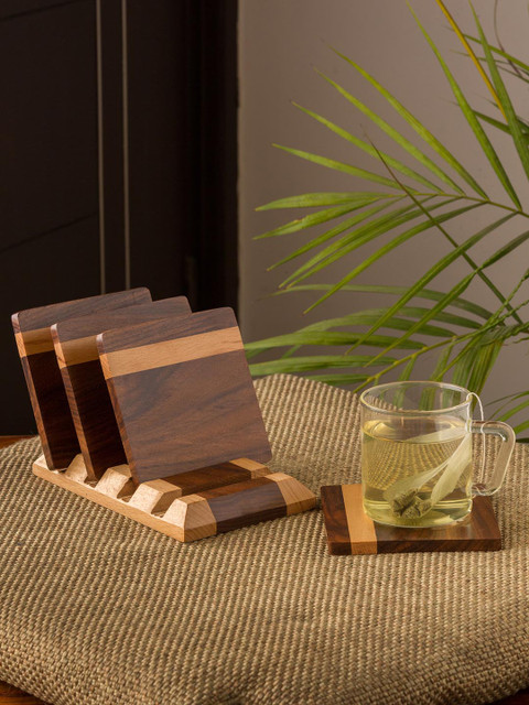 

ExclusiveLane Set Of 4 Brown & Beige Solid Handcrafted Standing Wooden Coasters With Stand