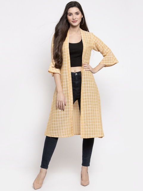 

Indibelle Women Yellow & White Checked Longline Open Front Shrug