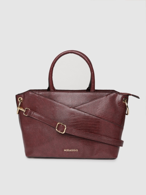 

MIRAGGIO Women Burgundy Croc-Textured Handheld Bag with Detachable Sling Strap