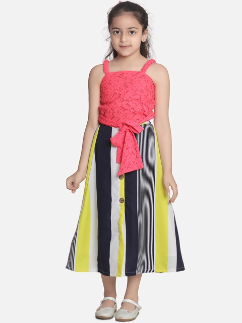 

LilPicks Girls Pink & Yellow Self Design Top with Skirt