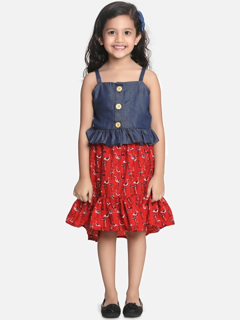 

LilPicks Girls Blue & Red Solid Denim Top with Skirt