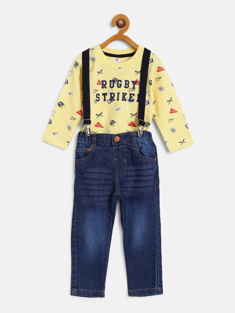 

TOFFY HOUSE Boys Yellow & Navy Blue Printed T-shirt & Jeans with Detachable Suspenders