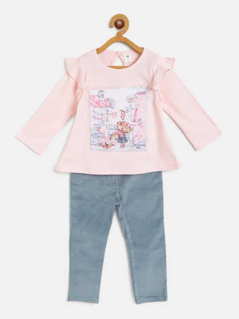 

TOFFY HOUSE Girls Peach-Coloured & Blue Graphic Print Top with Corduroy Trousers