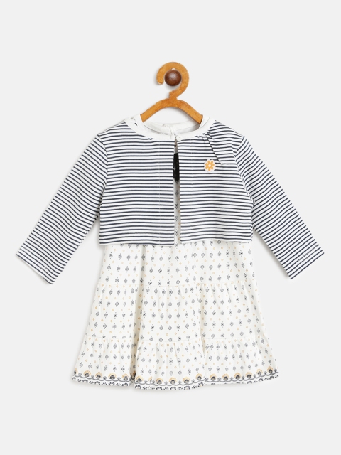 

TOFFY HOUSE Girls White & Navy Printed Tiered A-Line Dress with Button Shrug