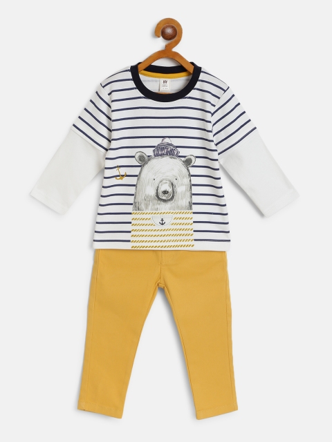 

TOFFY HOUSE Boys White & Mustard Yellow Striped T-shirt with Trousers