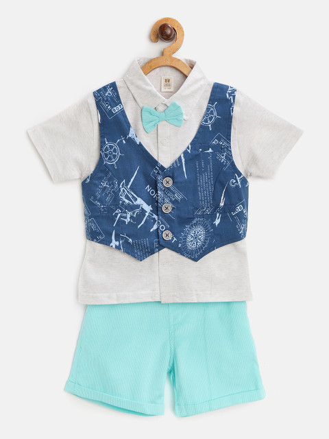 

TOFFY HOUSE Boys Grey Melange & Blue Printed Attached Waistcoat Shirt & Corduroy Shorts