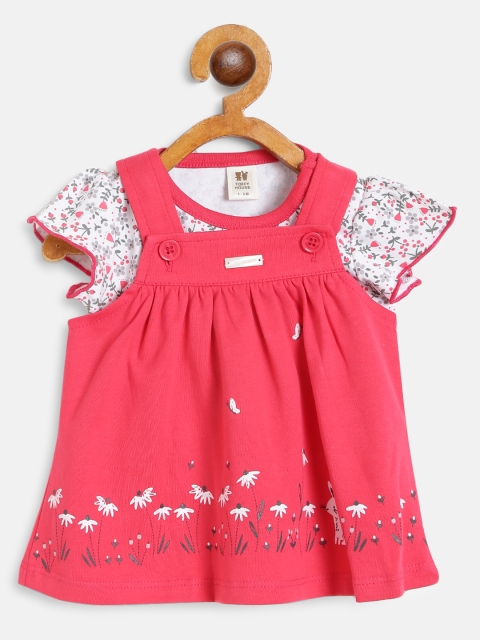 

TOFFY HOUSE Girls Coral Red Printed Pinafore Dress With Top