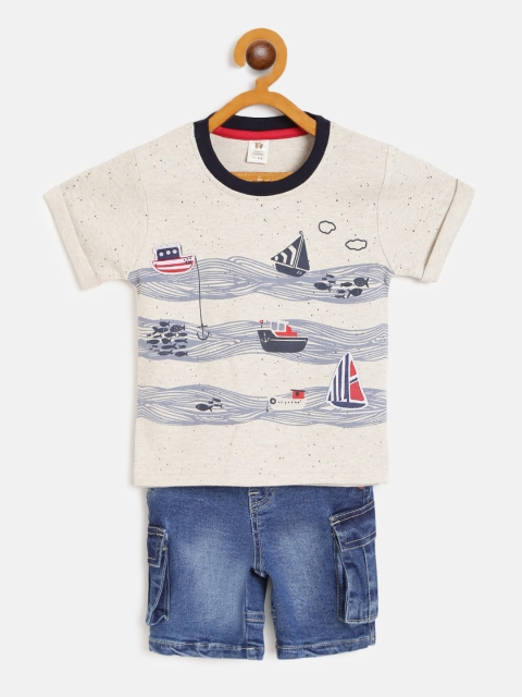 

TOFFY HOUSE Boys Beige & Navy Blue Nautical Print T-shirt with Washed Denim Shorts