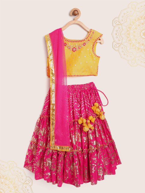 

Biba Girls Yellow & Pink Pure Cotton Printed Ready to Wear Lehenga & Blouse With Dupatta