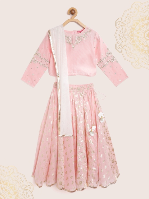 

Biba Girls Pink & Golden Woven Design Ready to Wear Lehenga & Blouse With Dupatta