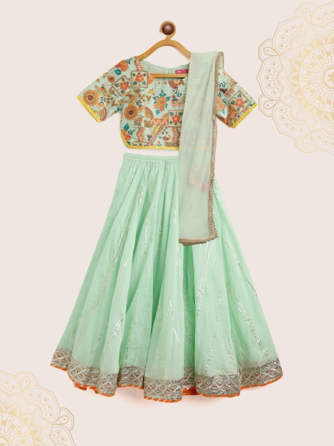 

Biba Girls Sea Green & Orange Printed Ready to Wear Lehenga & Blouse with Dupatta