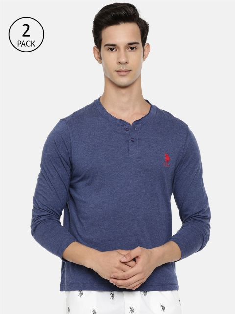 

U.S. Polo Assn. Men Pack of 2 Blue Solid Henley Neck Athleisure Lounge T-shirt