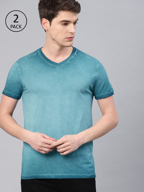 

FCUK Underwear Men Pack of 2 Teal Blue Dyed V-Neck Lounge T-Shirts