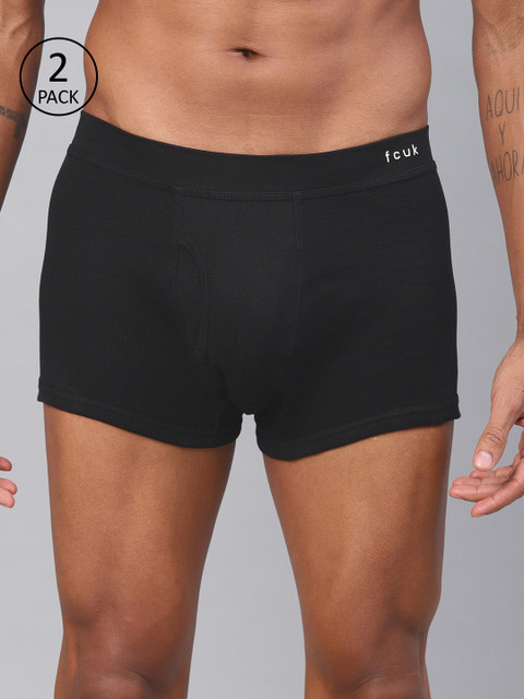 

FCUK Underwear Men Pack Of 2 Black Solid Mid-Rise Trunks