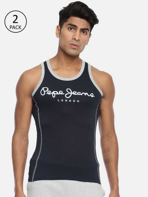 

Pepe Jeans Men Pack of 2 Navy Blue & White Logo Print Cotton Gym Vests