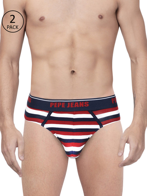 

Pepe Jeans Men Pack of 2 White & Navy Blue Striped Briefs 8936597-2