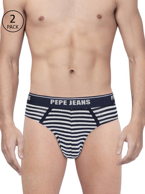 

Pepe Jeans Men Pack of 2 Grey & Navy Blue Striped Briefs 8936465-2