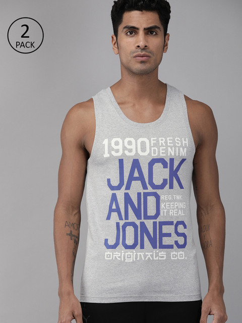 

Jack & Jones Men Pack of 2 Printed Innerwear Vests, Grey