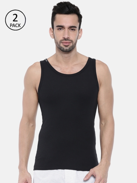 

Jack & Jones Men Pack Of 2 Black Solid Ribbed Innerwear Vests 2257201-2