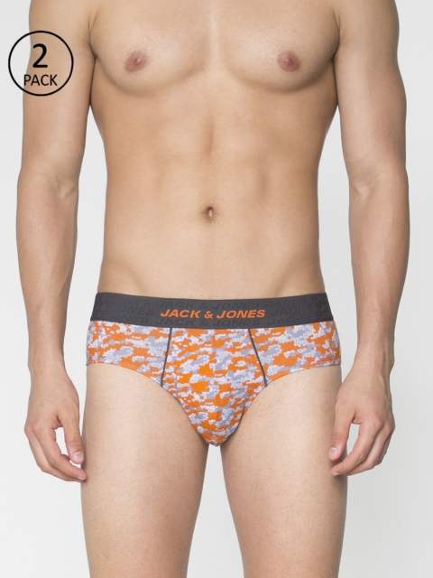

Jack & Jones Men Pack Of 2 Grey & Orange Printed Basic Briefs 8874125-2