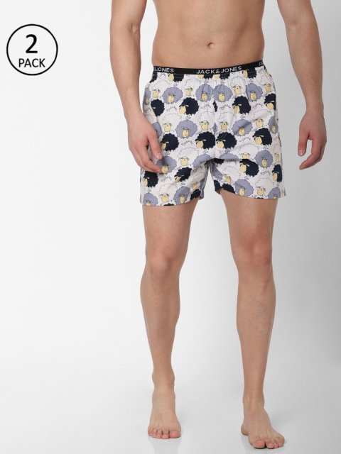 

Jack & Jones Men Pack Of 2 White & Navy Blue Printed Pure Cotton Boxers 10770966-2