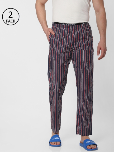 

Jack & Jones Men Pack of 2 Navy Blue & Red Striped Lounge Pants