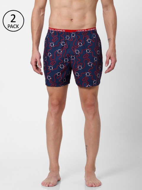 

Jack & Jones Men Pack of 2 Navy Blue & Red Printed Pure Cotton Boxers