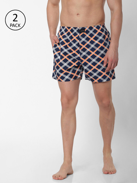 

Jack & Jones Men Pack of 2 Navy Blue & Orange Checked Pure Cotton Boxers
