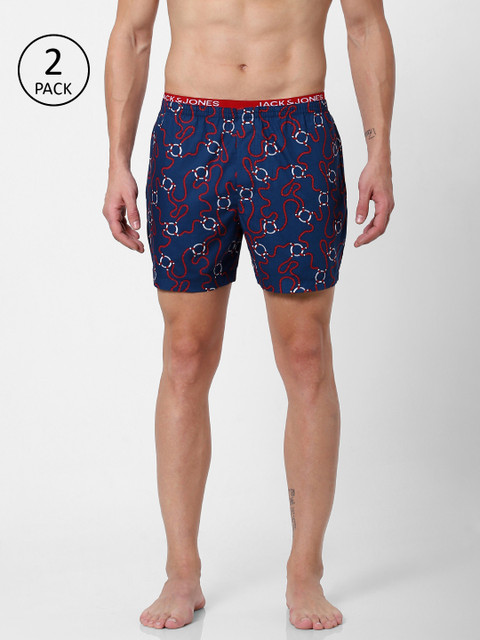 

Jack & Jones Men Pack of 2 Printed Pure Cotton Boxers, Blue