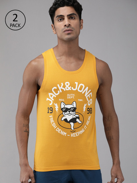 

Jack & Jones Men Mustard Yellow Printed Innerwear Vest
