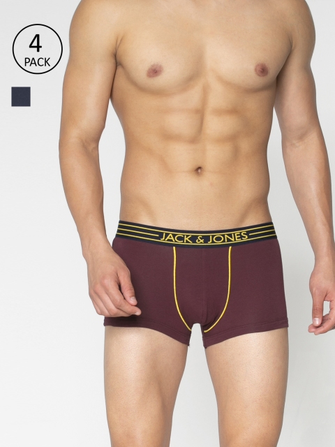 

Jack & Jones Men Pack Of 4 Blue & Maroon Solid Trunks