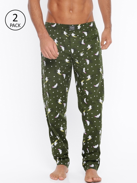

Jack & Jones Men Pack of 2 Green & White Printed Pyjamas