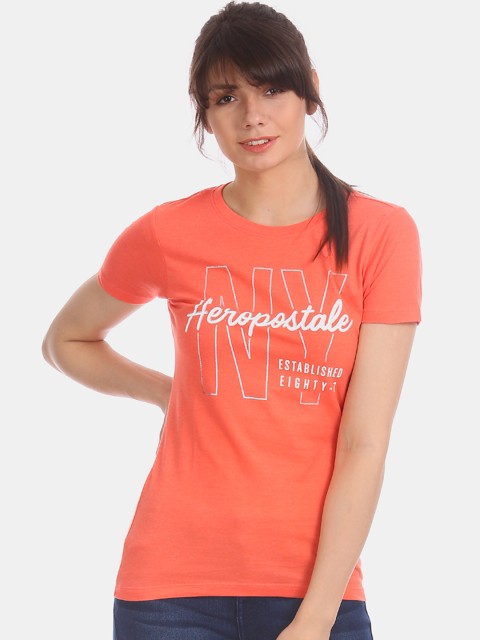 

Aeropostale Women Orange Printed Round Neck T-shirt