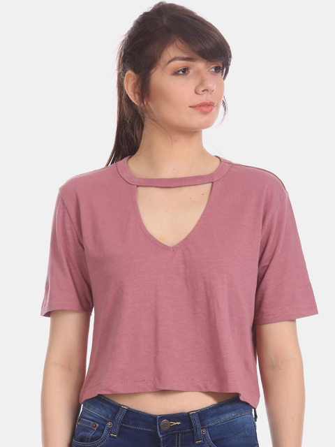 

Aeropostale Women Pink Solid Round Neck Crop T-shirt