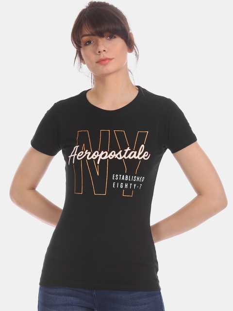 

Aeropostale Women Black Foil Print Round Neck Pure Cotton T-shirt