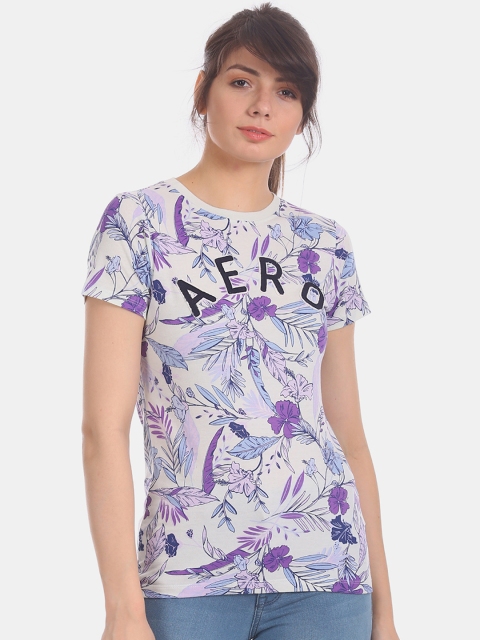 

Aeropostale Women White & Purple Printed Round Neck T-shirt