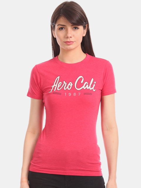 

Aeropostale Women Pink Brand Print Round Neck T-shirt