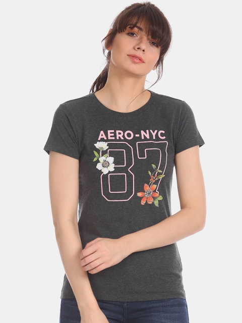 

Aeropostale Women Charcoal Grey Printed Round Neck T-shirt