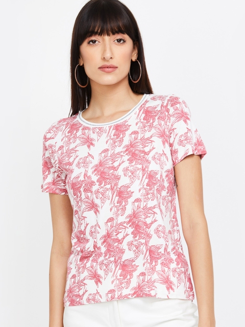 

Bossini Women Off-White & Pink Floral Printed Round Neck T-shirt