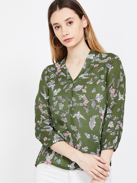 

Bossini Women Olive Green Ethnic Printed Shirt Style Shawl Collar Top