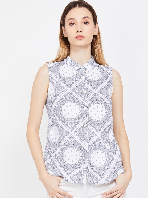 

Fame Forever by Lifestyle Women White & Navy Blue Printed Shirt Style Top