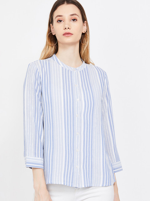 

Fame Forever by Lifestyle Women Blue Striped Shirt Style Top